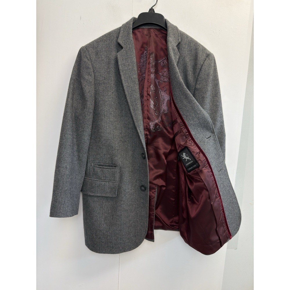 Express Blazer Herringbone Jacket Men's L, 42R Gray 2 Button Business Wool Blend
